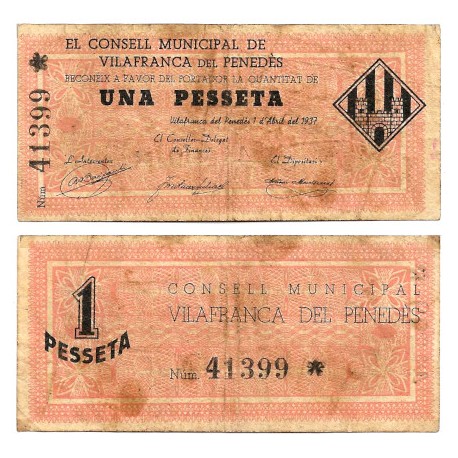 Vilafranca del Penedes. 1937. 1 Peseta (BC) Manchas