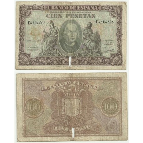 [1940] Billete de 100 Pesetas (RC). Serie C. Rotura en doblez central.