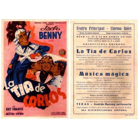 La Tía de Carlos. 1945. Teatro Principal, Cinema Bolet