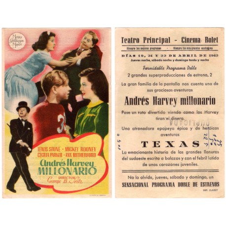 Andrés Harvey Millonario. 1945. Teatro Principal, Cinema Bolet