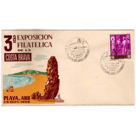 Sobre Primer Día. España. 1959. Playa de Aro. 3a Exposición Filatélica de la Costa Brava (Nuevo)