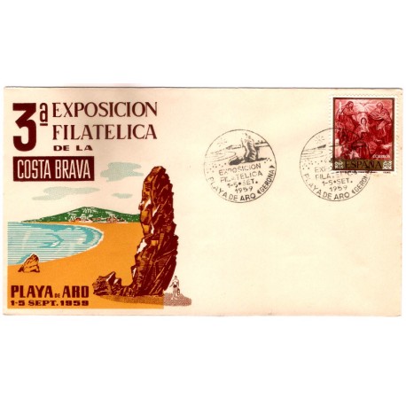Sobre Primer Día. España. 1959. Playa de Aro. 3a Exposición Filatélica de la Costa Brava (Nuevo)