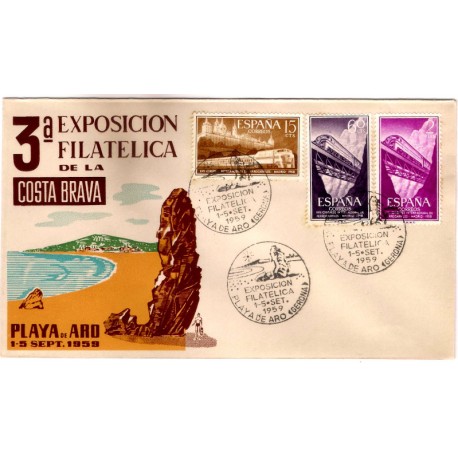 Sobre Primer Día. España. 1959. Playa de Aro. 3a Exposición Filatélica de la Costa Brava (Nuevo)