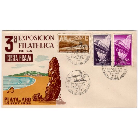 Sobre Primer Día. España. 1959. Playa de Aro. 3a Exposición Filatélica de la Costa Brava (Nuevo)
