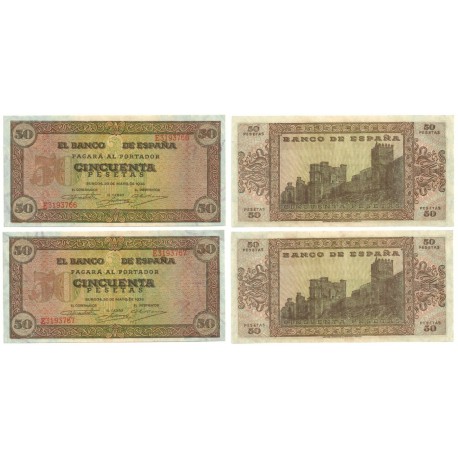 [1938] Billete de 50 Pesetas (x2) (EBC). Serie E. Pareja correlativa.