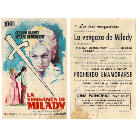 La Venganza de Milady. 1963. Cine Principal, Cine Bolet