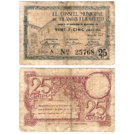 Vilanova i la Geltrú. 1937. 25 Céntimos (BC+) Serie A