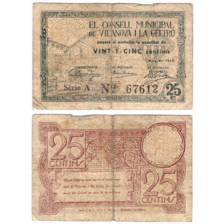 Vilanova i la Geltrú. 1937. 25 Céntimos (BC/BC+) Serie A