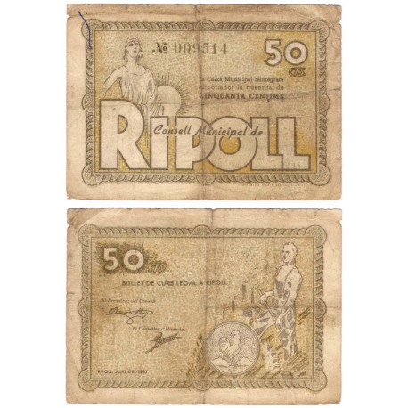 Ripoll. 1937. 50 Céntimos (BC) Roturas en márgenes y escrito a bolígrafo