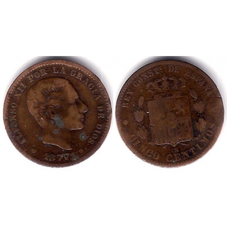 Alfonso XII. 1877. 5 Céntimos (BC/BC-) Ceca de Barcelona OM