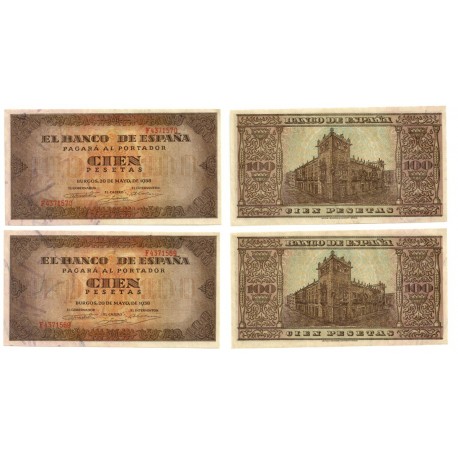 [1938] Billete de 100 Pesetas (x2) (EBC). Serie F. Pareja correlativa.