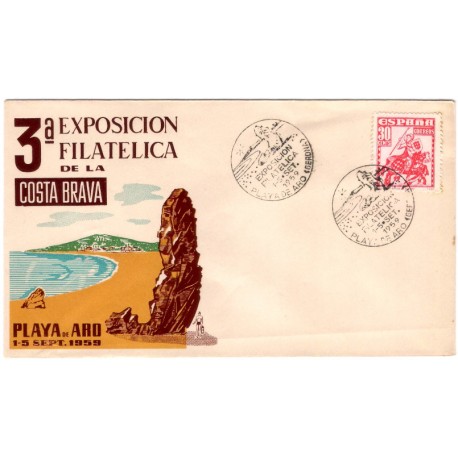 Sobre Primer Día. España. 1959. Playa de Aro. 3a Exposición Filatélica de la Costa Brava (Nuevo)