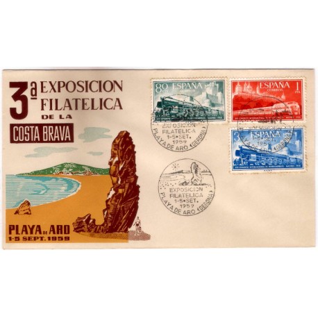 Sobre Primer Día. España. 1959. Playa de Aro. 3a Exposición Filatélica de la Costa Brava (Nuevo)