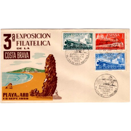 Sobre Primer Día. España. 1959. Playa de Aro. 3a Exposición Filatélica de la Costa Brava (Nuevo)