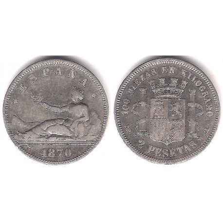 Gobierno Provisional. 1870*(18-73). 2 Pesetas (MBC) (Plata) Ceca de Madrid DE-M