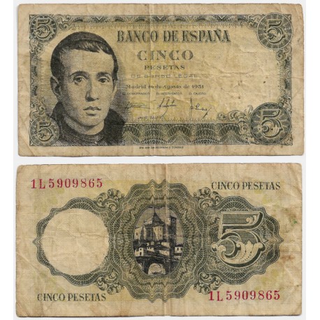 Estado Español. 1951. 5 Pesetas (BC/BC+) Serie 1L