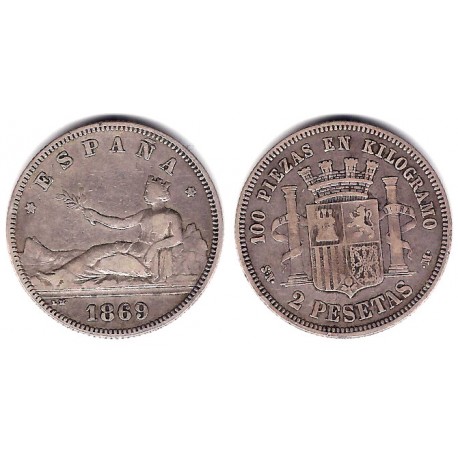 Gobierno Provisional. 1869*(18-69). 2 Pesetas (BC+) (Plata) Ceca de Madrid SN-M
