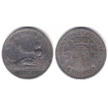 Gobierno Provisional. 1870*(18-73). 2 Pesetas (MBC-) (Plata) Ceca de Madrid DE-M