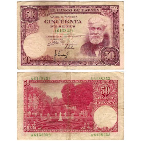Estado Español. 1951. 50 Pesetas (MBC-) Serie A. Manchas