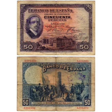 España. 1927. 50 Pesetas (BC+) Sin Serie. Con Sello Republicano