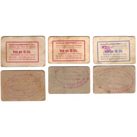 Comercio Juan Prat. Olost de Lluçanés. Vale por 10 Ctmos, 10 Ctmos y 50 Ctmos (MBC)
