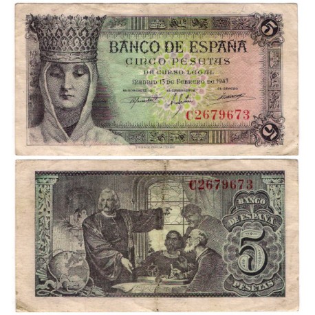 Estado Español. 1943. 5 Pesetas (MBC/MBC-) Serie C