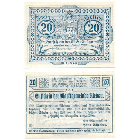 Riedau (Alta Austria). 1920. 20 Heller (SC)