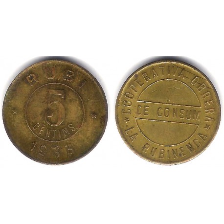 Cooperativa Obrera de Consum. La Rubinenca. 1933. 5 Céntimos (MBC)