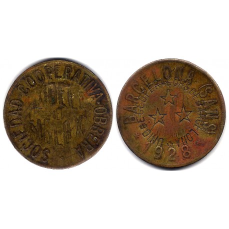 Sociedad Cooperativa Obrera. Barcelona (Sans). 1928. 10 Céntimos (MBC) Contramarca Unió de Cooperadors de Barcelona
