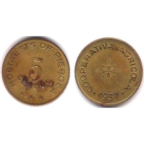 Hostalets de Pierola. Cooperativa Agrícola. 1937. 5 Céntimos (MBC)