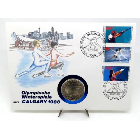 Alemania. 1988. Sobre Conmemorativo con Sellos y Moneda de 10 Mark (Nuevo) (Plata) Calgary 1988