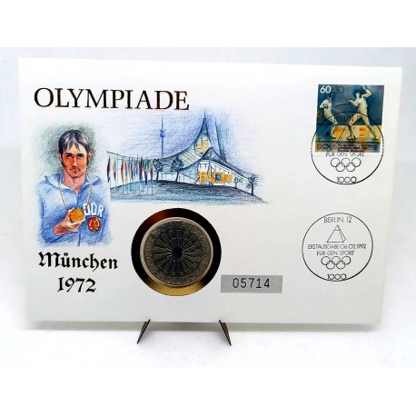 Alemania. 1992. Sobre Conmemorativo con Sello y Moneda de 10 Mark (Nuevo) (Plata) Munich 1972