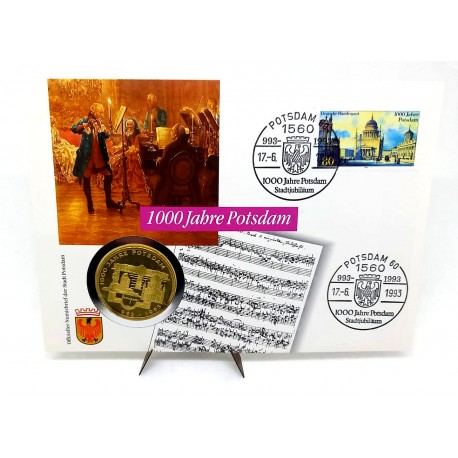 Alemania. 1993. Sobre Conmemorativo con Sello y Moneda de 10 Mark (Nuevo) (Plata) 1000 Aniv. Potsdam