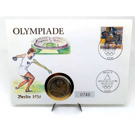 Alemania. 1992. Sobre Conmemorativo con Sello y Moneda de 10 Mark (Nuevo) (Plata) Berlin 1936