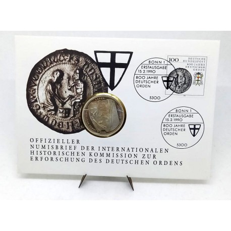 Alemania. 1990. Sobre Conmemorativo con Sello y Moneda de 10 Mark (Nuevo) (Plata) 800 Aniv. Orden Alemana