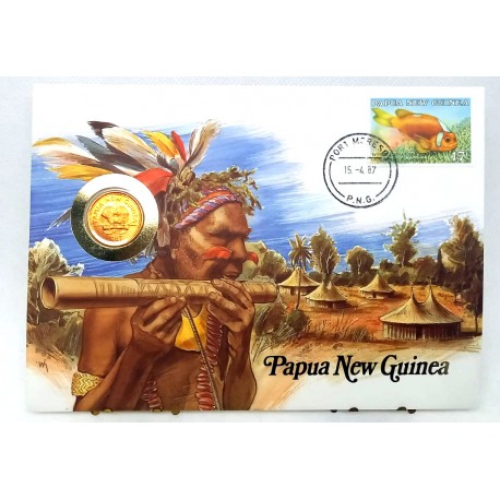 Papúa Nueva Guinea. 1987. Sobre Conmemorativo con Sello y Moneda (Nuevo)