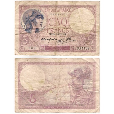 (83) Francia. 1939. 5 Francs (BC/BC+)