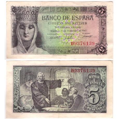 Estado Español. 1943. 5 Pesetas (EBC-) Serie D