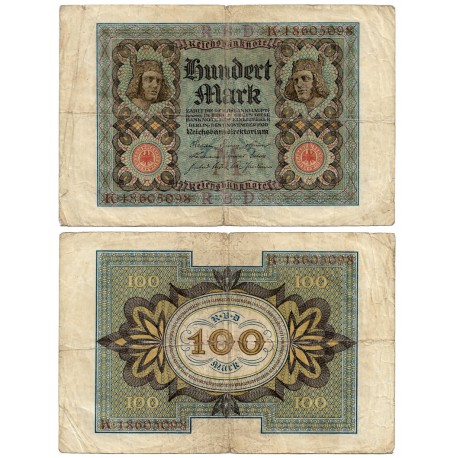 (69b) Imperio Alemán (Weimar). 1920. 100 Mark (BC+) Leve rotura margen inferior, doblez central