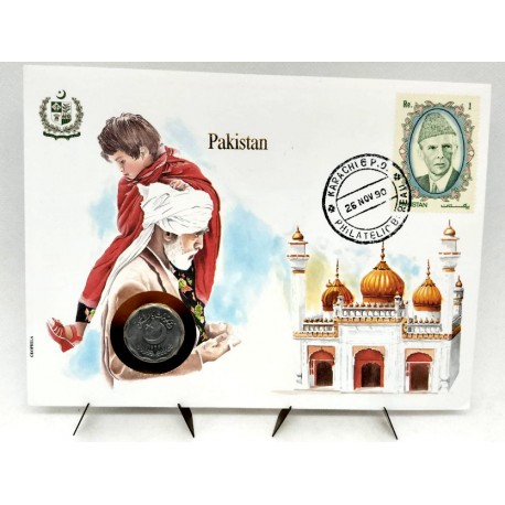 Pakistán. 1990. Sobre Conmemorativo con Sello y Moneda (Nuevo)