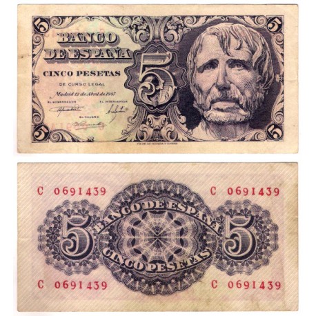 Estado Español. 1947. 5 Pesetas (MBC) Serie C. Leves manchas