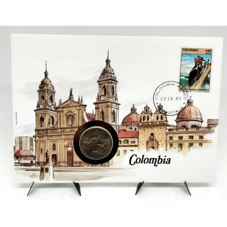 Colombia. 1985. Sobre Conmemorativo con Sello y Moneda (Nuevo)