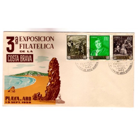 Sobre Primer Día. España. 1959. Playa de Aro. 3a Exposición Filatélica de la Costa Brava (Nuevo)