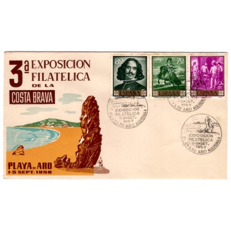 Sobre Primer Día. España. 1959. Playa de Aro. 3a Exposición Filatélica de la Costa Brava (Nuevo)