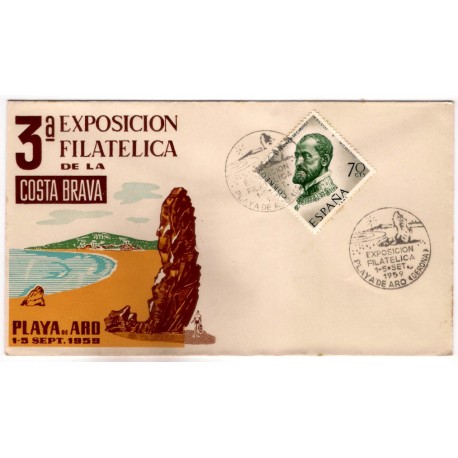 Sobre Primer Día. España. 1959. Playa de Aro. 3a Exposición Filatélica de la Costa Brava (Nuevo)