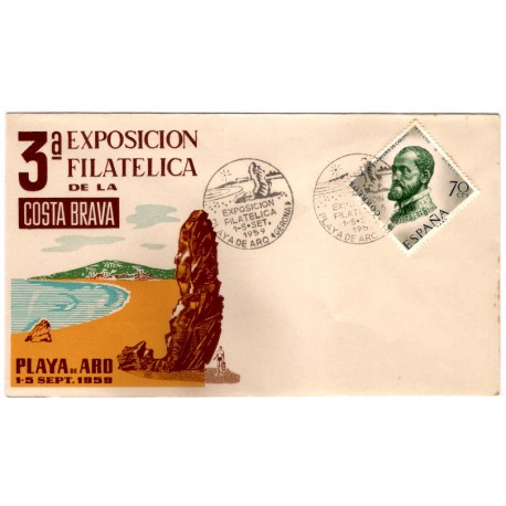 Sobre Primer Día. España. 1959. Playa de Aro. 3a Exposición Filatélica de la Costa Brava (Nuevo)