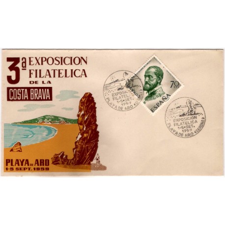 Sobre Primer Día. España. 1959. Playa de Aro. 3a Exposición Filatélica de la Costa Brava (Nuevo)