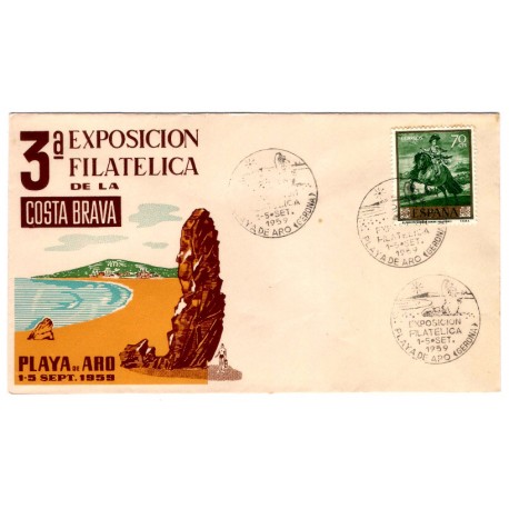 Sobre Primer Día. España. 1959. Playa de Aro. 3a Exposición Filatélica de la Costa Brava (Nuevo)