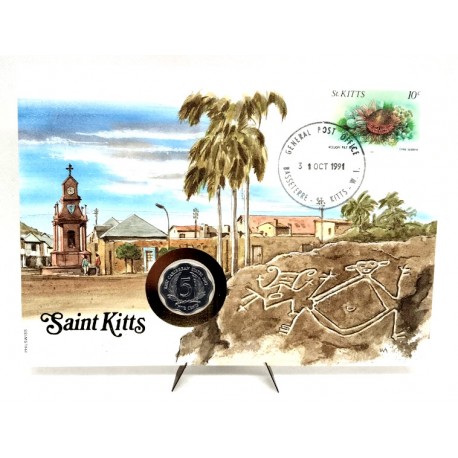 Saint Kitts. 1991. Sobre Conmemorativo con Sello y Moneda (Nuevo)