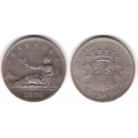 Gobierno Provisional. 1870*(18-74). 2 Pesetas (MBC+) (Plata) Ceca de Madrid DE-M